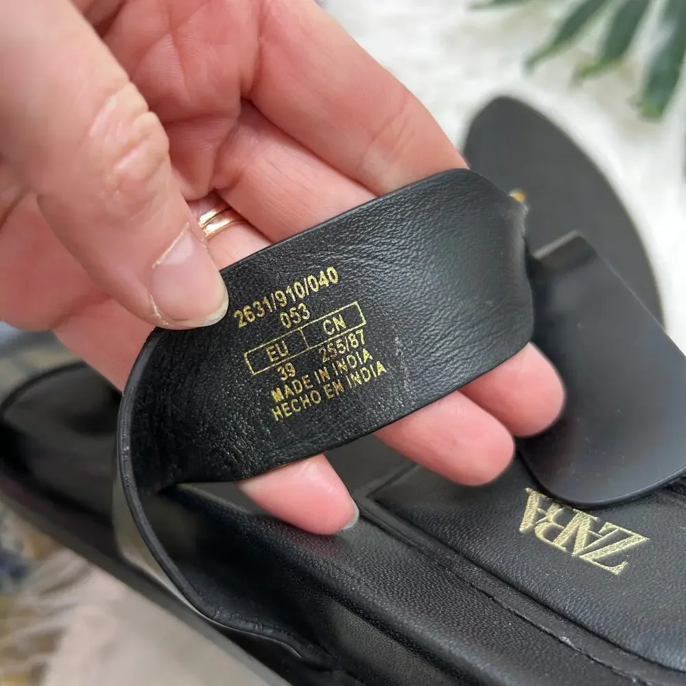 Zara Black Faux Leather Slip On Slide Sandal 39 / 9 Neutral Minimalist Gold Tone - Picture 5 of 5